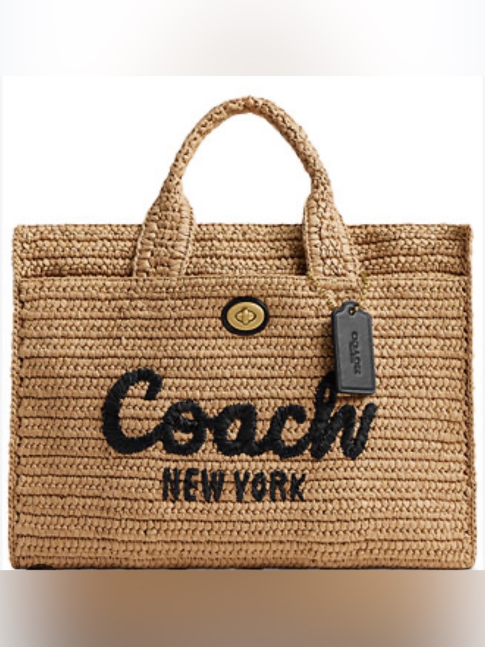 Coach Straw Tote with Black Logo Embroidery with detachable cross body strap
